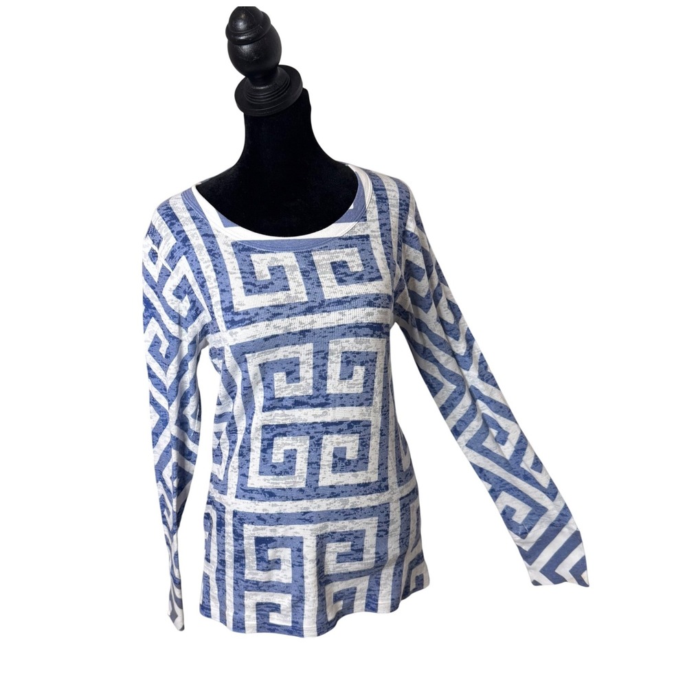 Before + Again Waffle Knit Thermal Burnout Top Womens M Blue Greek Key USA